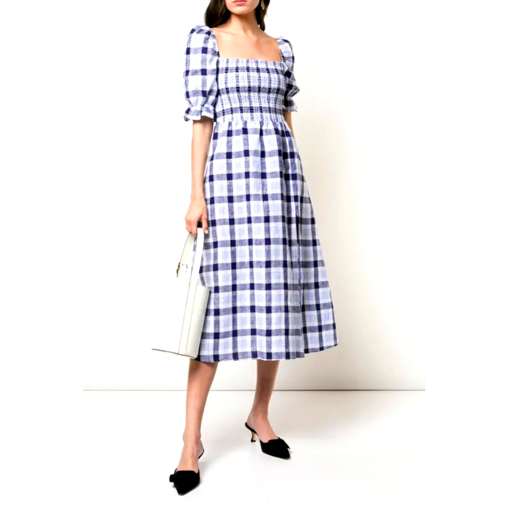 Reformation S Marabella 100% Linen Midi Dress Puff Sleeve Gingham Blue Plaid 4 6